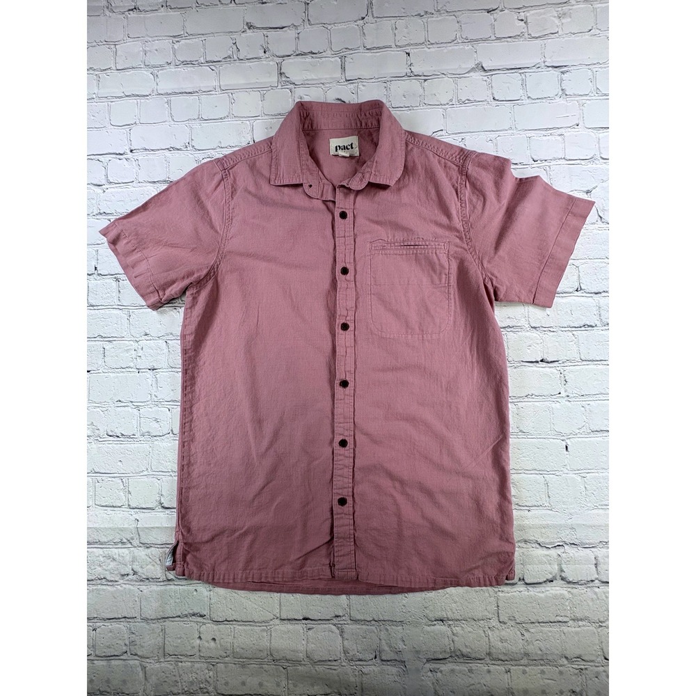 Pact Button Up Mens Size S Pink Good Organic Cotton Linen Short Sleeve Shirt